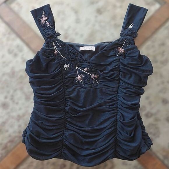 Vtg Y2K Precis Petite black ruched mesh overlay camisole - Picture 3 of 12